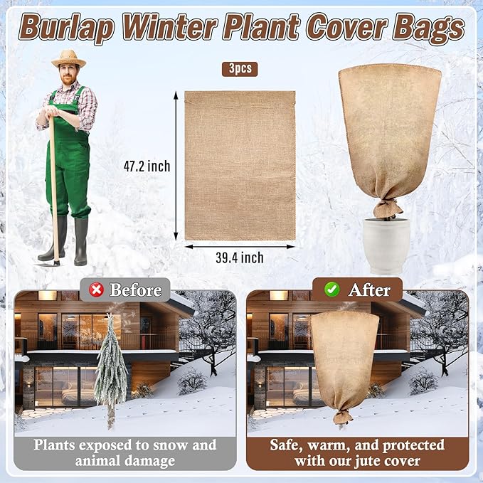 Legigo 3 Pack 40 X 48 Inch Burlap Plant Covers Freeze Protection Bags, Large Winter Plant Frost Covers with Drawstring, Reusable Tree Covers Burlap Frost Cloths Protection for Outdoor Plants Shrubs