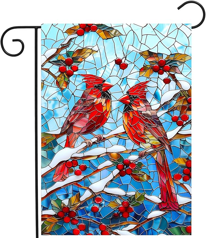 Winter Cardinal Bird Garden Flag for Outside 12x18 Stained Glass Red Birds on Snow Pine Tree Flag Christmas Outdoor Flags Double Sided Welcome New Years Yard Flag