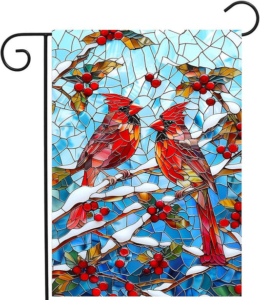 Winter Cardinal Bird Garden Flag for Outside 12x18 Stained Glass Red Birds on Snow Pine Tree Flag Christmas Outdoor Flags Double Sided Welcome New Years Yard Flag