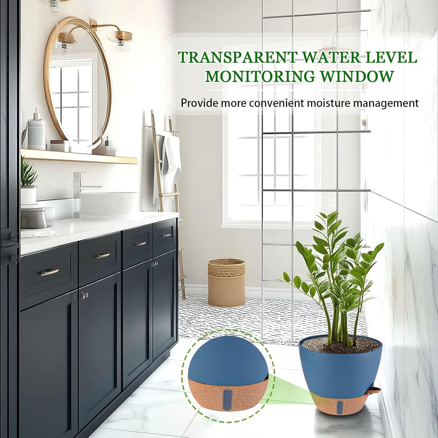 2 Pack 10 inch Plant Pots, Plastic Self Watering Planters with Drainage Holes, Deep Reservoir, Water Level Indicator, Modern Decorative Flower Pots for Indoor Outdoor Plants (Navy Blue, 10 inch)