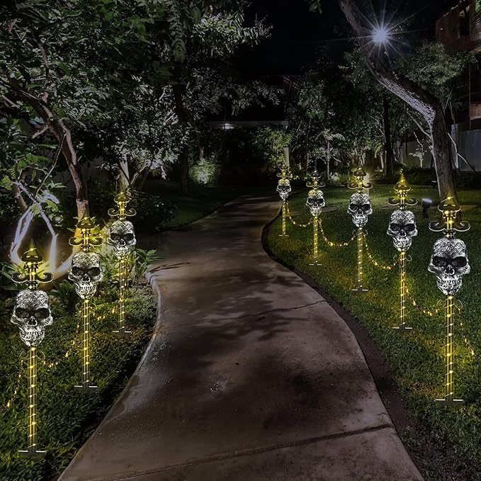 13 Set of Halloween Skull Garden Fence with Solar Light Graveyard Decor Light up Halloween Skull Lawn Stakes Pathway Decor with Connecting Chain for Outdoor Holiday Yard Decoration