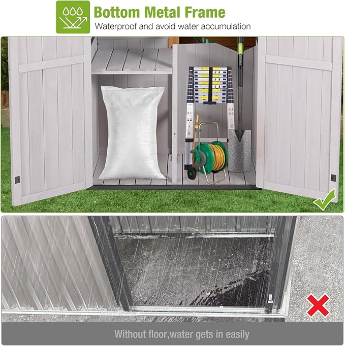 GUTINNEEN Outdoor Storage Shed with All Around Strong Metal Frame, Garden Tool Sheds Cabinet with Floor & Adjustable Shelves, Wooden Tool House for Backyard Garden Patio Lawn (White)