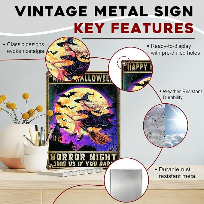 Halloween Spooky Witch Vintage Sign Witchy Bat Halloween Metal Tin Sign for Home Bar Kitchen Hotel Dining Room Coffee 12x16inch