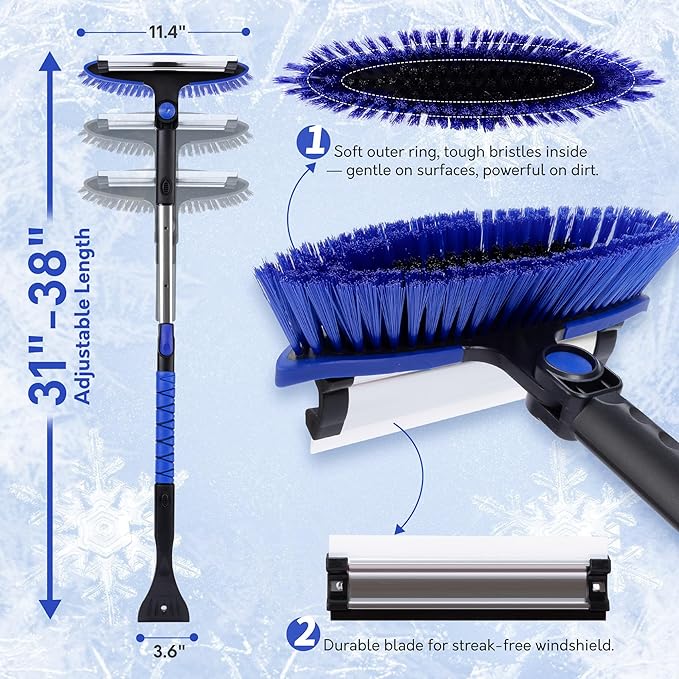 TONDA Snow Brush and Ice Scraper for Car Windshield, 180° Rotating Brush with Squeegee, Extendable Handle with Foam Grip, Snow Shovel for Cars, Trucks & SUVs, Blue