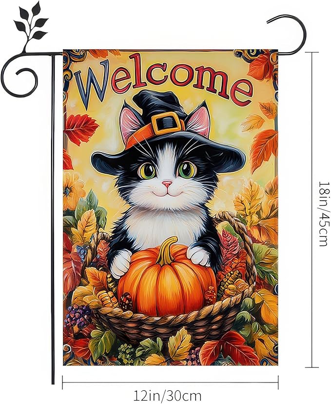 Thanksgiving Fall Garden Flag 12x18 Inch Welcome Cat with Pumpkin Outdoor Flag Double Sided Autumn Kitten Yard Banner with Witch Hat Basket Harvest Decor for Porch Lawn
