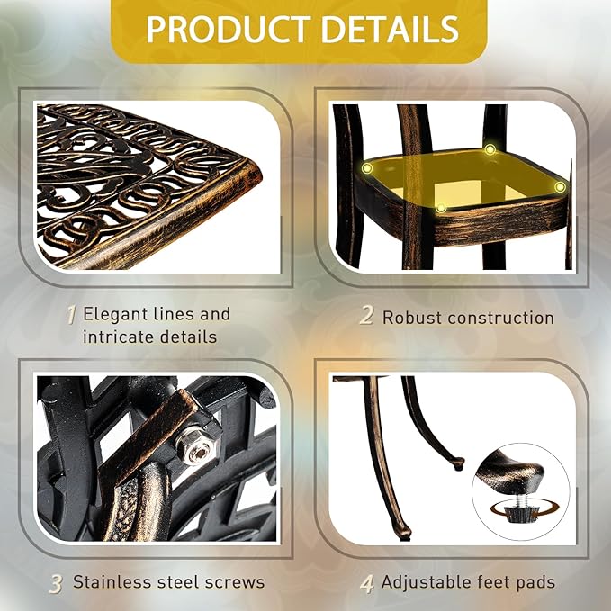 Outvita Patio Side Table, 21.3in Outdoor Square Cast Aluminum Bistro Table with Umbrella Hole and Antique Design for Backyard Porch Pool Balcony Deck Bronze