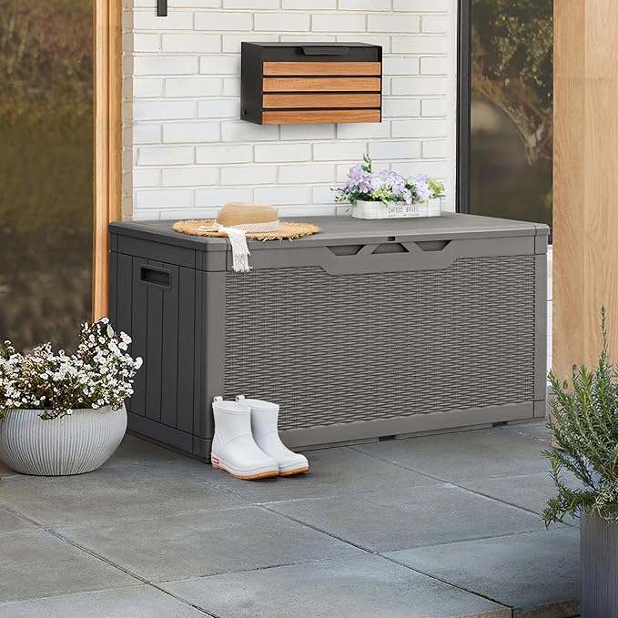 Greesum 100 Gallon Resin Patio Storage Box for Garden Tools, Outdoor Furniture Cushions, Pool Supplies, Gray