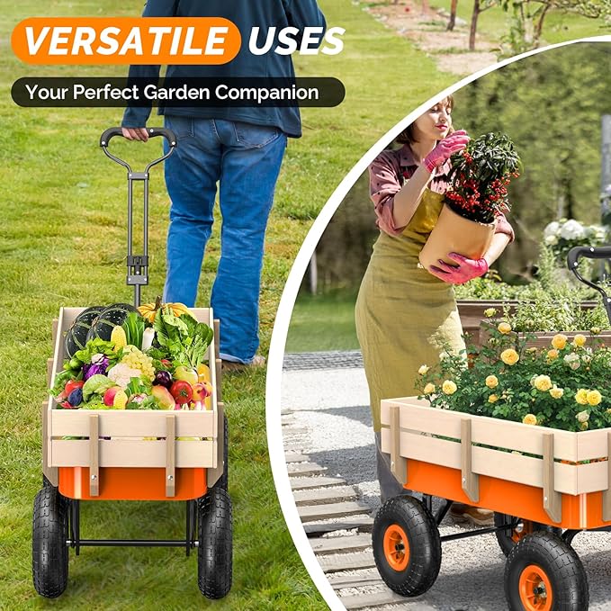 VINGLI Wagon Cart, Steel Frame and Wood Coated Railing, 330lbs All Terrain Wagon 9.2in Solid Tires for Garden and Outdoor (Orange)