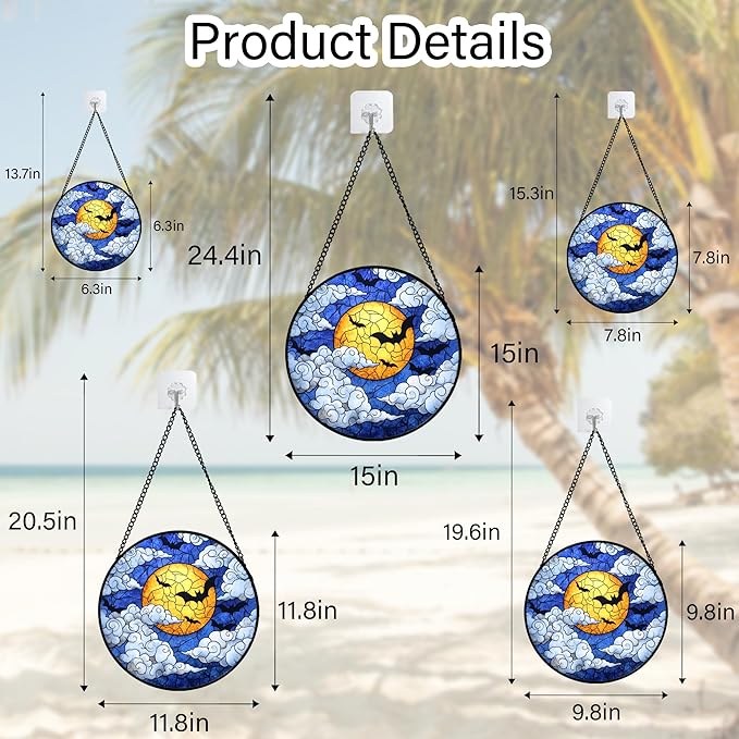 Stained Glass Window Hanging - Halloween Decorations Bats Moon Clouds Suncatcher for Doors Garden Indoor Spooky Funny Sun Catchers Gothic Decor Horror Gifts for Women Men Friend 6.3 in