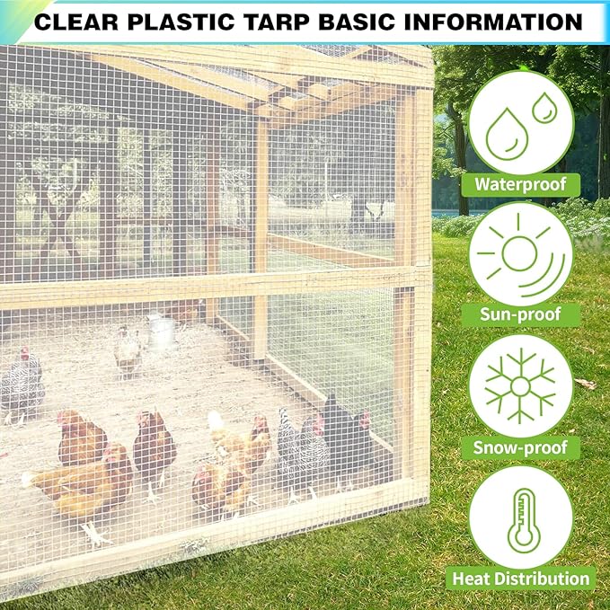 20Ftx30Ft Clear Greenhouse Plastic Covering, 16Mil Thickness Heavy Duty Clear tarp for Chicken coop, Greenhouse Plastic sheeting with Hemmed Edges & preinstalled Grommets.