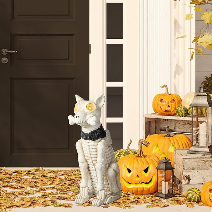 Glitzhome Halloween Porch Decorations, Lighted Halloween Front Porch Standing Sign Decor with Timer, MGO Skeleton Dog Sign for Indoor Patio Party, 20.5" H