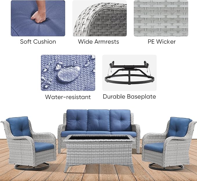 Patio Furniture 4 Piece, All-Weather PE Wicker Outdoor Furniture Set with Coffee Table,Outdoor Patio Furniture with Swivel Rocker Chairs and Outdoor Sofa