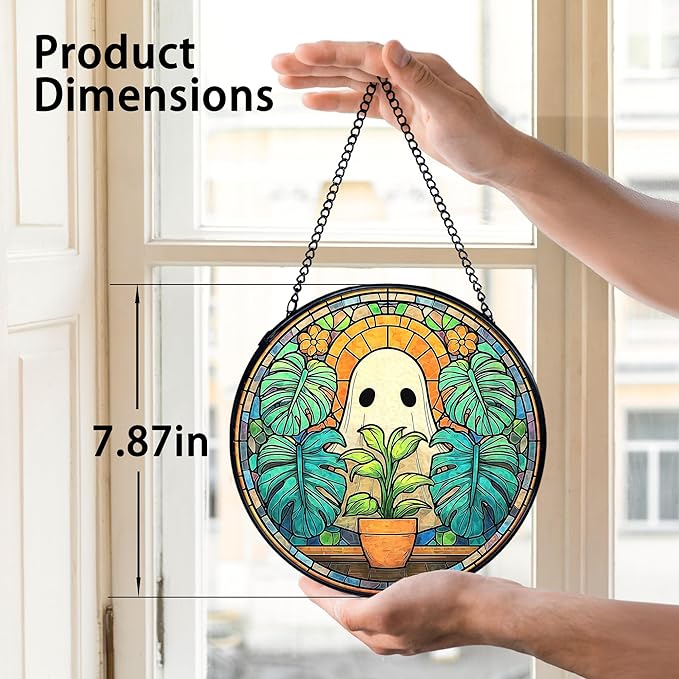 TNUW Ghost Plant Stained Glass Window Hanging, Halloween Ghost Sun Catchers Indoor Window Glass Round Wall Art Decor, Plant Lovers Gifts Wall Hanging Decorations, 7.9＂x7.9＂