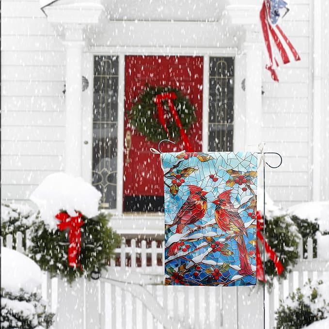 Winter Cardinal Bird Garden Flag for Outside 12x18 Stained Glass Red Birds on Snow Pine Tree Flag Christmas Outdoor Flags Double Sided Welcome New Years Yard Flag