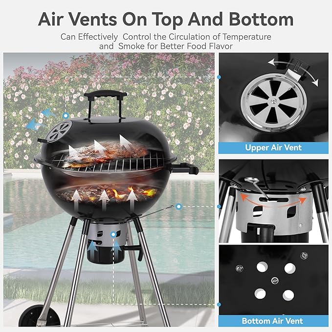 GREEN PARTY 18 inch Kettle Charcoal BBQ Grill with Wheels, Portable Charcoal Grill with Porcelain-Enameled Lid & Ash Catcher for Outdoor Cooking Barbecue Camping Picnics Tailgating, Black