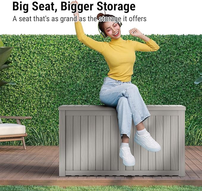 Mars Villa 180 Gallon Outdoor Storage Box, Large Waterproof Resin Deck Box for Patio Furniture Cushions, Pool Supplies, Gardening Tools, Lockable Storage Container, Weatherproof and UV Resistant, Grey