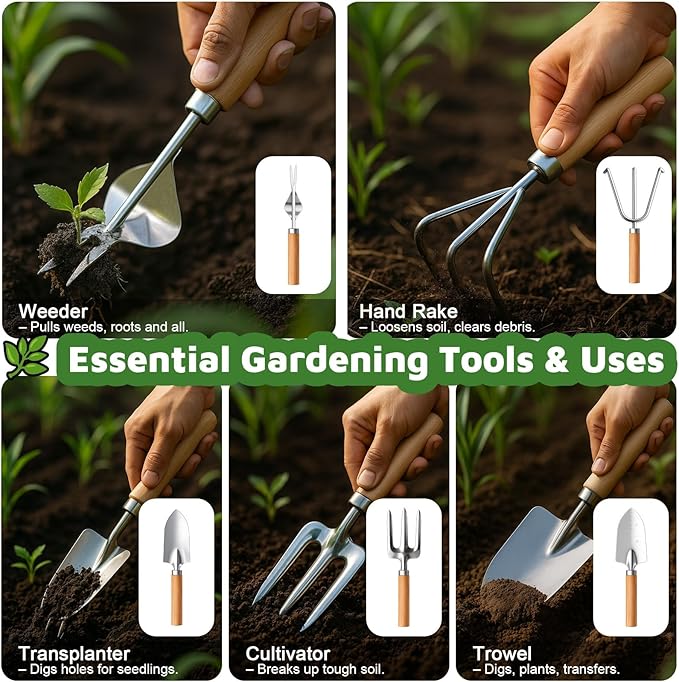 Gardening Tools 10-Piece Heavy Duty Gardening Tool Set with Fashion Durable Tote Organizer Bag, Rust-Proof Non-Slip Hand Tools, Ideal Gardening Gift for Women Gardener Gifts