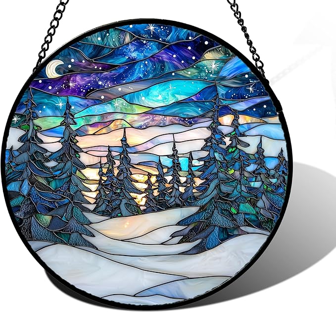 Stained Glass Window Hanging, Starry Sky Trees and Snow Sun Catchers Glass Panel Blue Suncatcher Decor for Birthday for Women, Men, Wife, Aunt, and Mom 6.3 in