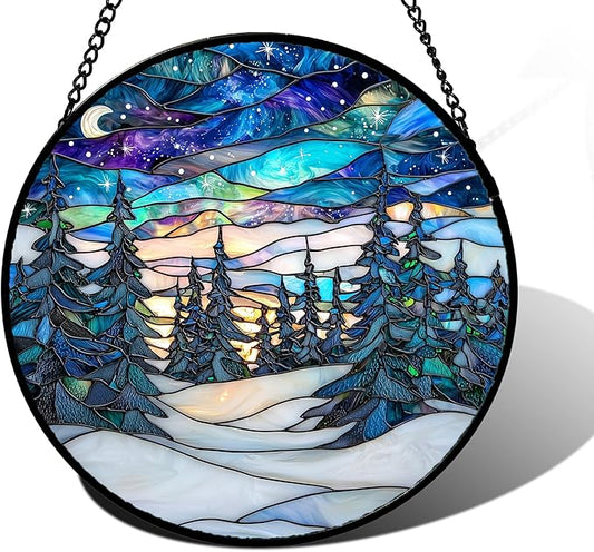Stained Glass Window Hanging, Starry Sky Trees and Snow Sun Catchers Glass Panel Blue Suncatcher Decor for Birthday for Women, Men, Wife, Aunt, and Mom 11.8x11.8 in
