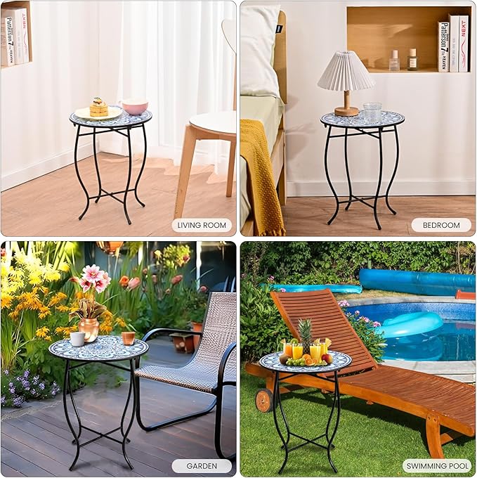 Round Side Table, Indoor Outdoor Small Side Table, Weather Resistant Black Metal Side Table for Livingroom Patio Balcony Yard Porch Garden, 14” Diameter and 17” H Patio Accent Table Plant Stand