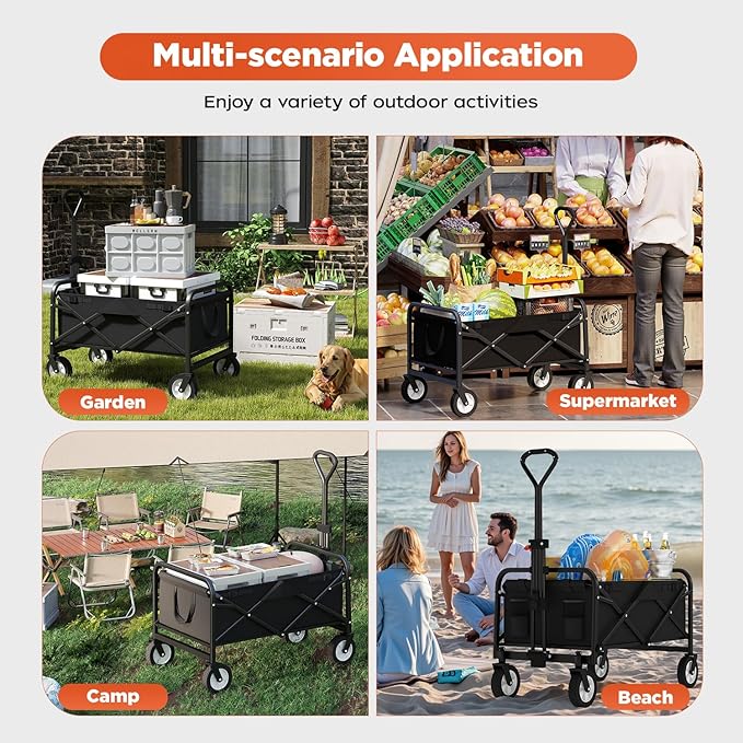 PayLessHere 38" Collapsible Wagon Folding Foldable Garden Cart with Large Capacity, 330 LBS Capacity Portable Utility Wagon Cart Heavy Duty for Beach Camping Shopping Garden,Black