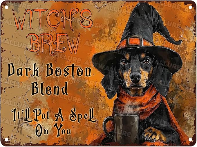 Funny Dog Halloween Metal Tin Sign Dachshund Witch Coffee Rustic Wall Art Vintage Tin Plaque Retro Metal Poster Iron Painting Home Decor 12x16inch