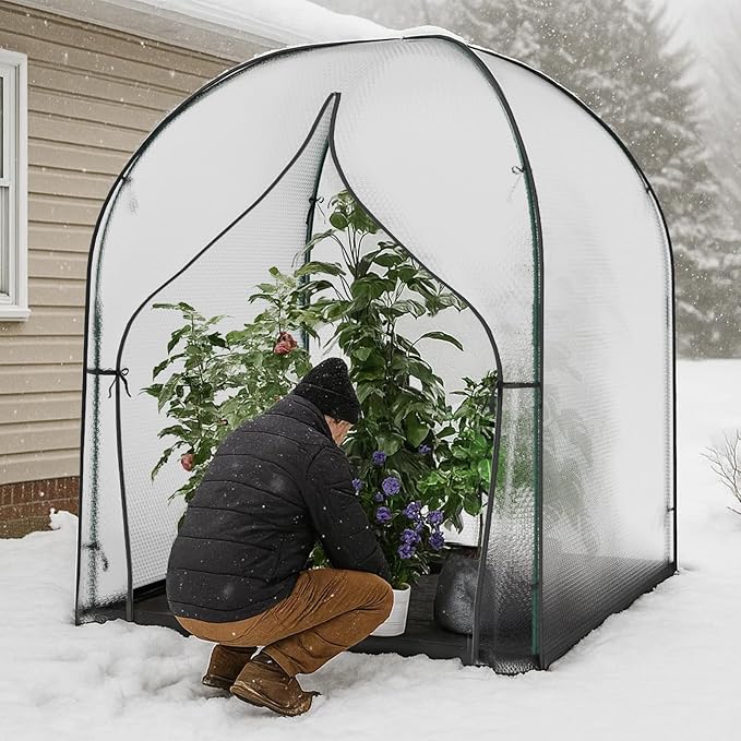 SUNYRISY Greenhouse for Outdoors with Waterproof Pad, Thick Bubble Film Cover Portable Small Mini Green House Kit for Outside, Walk in Zippered Door Grow Tent Plant Cover, 59" L x 59" W x 75" H