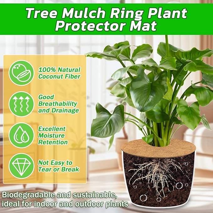 Legigo 4pcs Coconut Fiber Mulch Ring Tree Plant Protector Mat, 14 Inch Natural Coco Coir Tree Protection Ring Plant Pot Soil Cover, Tree Rings Disc Plant Cover for Indoor Outdoor Plants,Landscaping