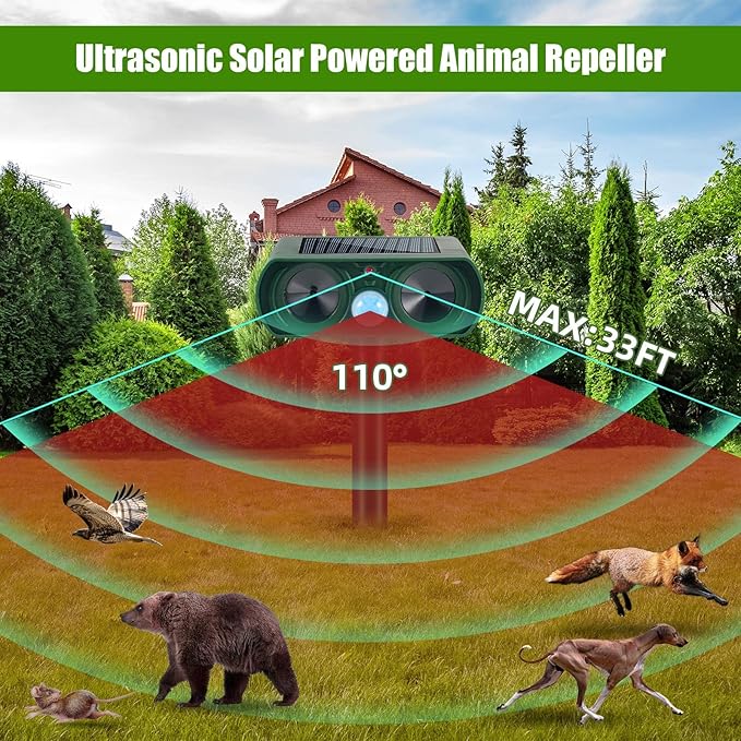 2025 Upgraded Solar Animal Repellent Ultrasonic Cat Repellent Outdoor Deer Repellent Devices Waterproof with Motion Sensor,Squirrel,Dog,Raccoon,Skunk,Rabbit,Coyote Deterrent for Yard, Garden, Patio