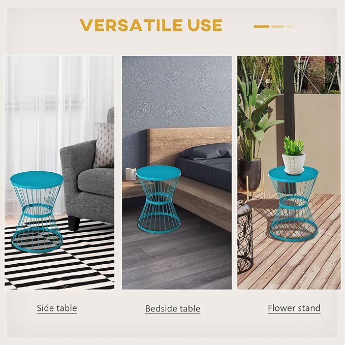 Outsunny 16" Steel Patio Side Table, Garden End Table with Hourglass Design, Accent Table for Outdoor and Indoor Use, Blue