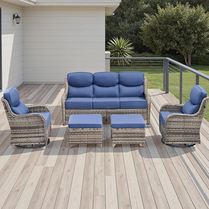 Wicker Outdoor Patio Furniture Set - 5 Piece Patio Conversation Sets with Swivel Rocker Chairs, Ottomans and Sofa, 6 inch Cushions, Waterproof Wicker, for Porch Deck Mixed Grey/Blue