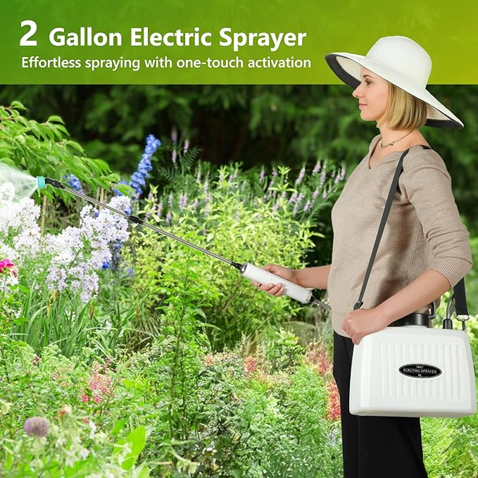 Electric Sprayer, Battery Powered Sprayer 8L/2 Gallon, with 3-Adjustable Nozzles, Retractable Wand, Rechargeable Handle & Adjustable Shoulder Strap, Suitable for Garden, Lawn & Cleaning.