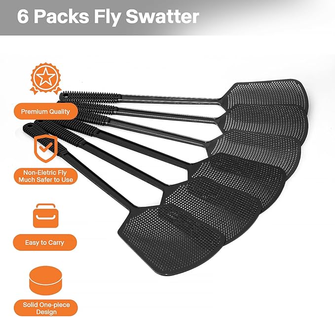 Fly Swatters-Begonia Flexible Heavy Duty Thick Fly Swatters with Bigger Paddle, Black 6 Pack