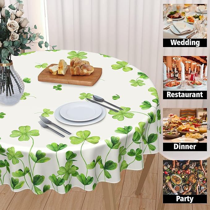 St. Patrick’s Day Round Tablecloth, Lucky Shamrock Table Cloth, Green and White Tablecloths, Four Leaf Clovers Waterproof Table Cover for Dinner Room Holiday Party Kitchen Decoration, 60 Inch