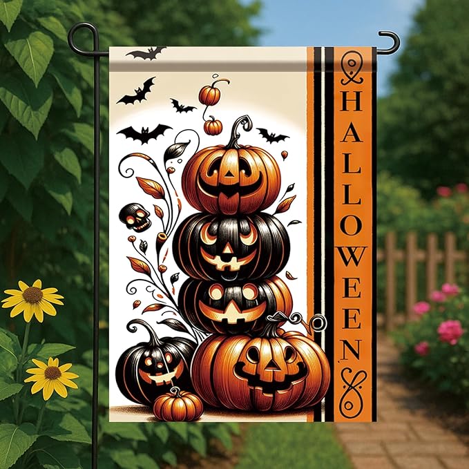 Halloween Garden Flag Halloween Pumpkin Stack Flag 12x18 Inch Double Sided for Trick or Treat Spooky Yard Small Banner Fall Party Outdoor Decor