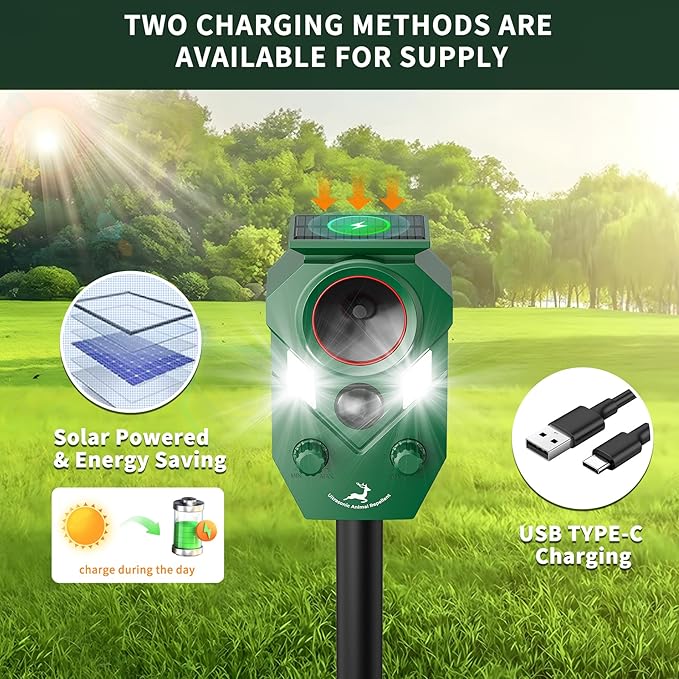 Ultrasonic Deer Repellent Outdoor, Solar-Powered Waterproof Animal Repellent Device for Yard, Garden, and PlantsEffective Repel Cat, Dog, Squirrel, Deer, Raccoon, Rabbit, and Skunk (4)