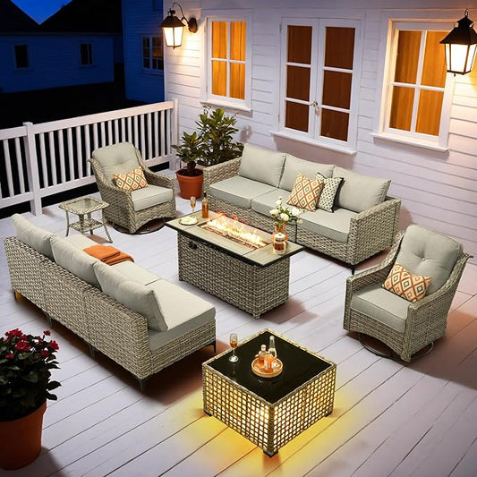 HOOOWOOO Outdoor Patio Furniture Set with Fire Pit Table,11 Pieces Wicker Out Door Sectional Furniture L Shaped Couch,Outside Patio Conversation Swivel Chair Sets,Light Gray