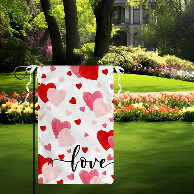 Love Heart Garden Flag Valentine Yard Flag Red And Pink Hearts Garden Flags Polyester Double Sided Anniversary Wedding Sweety House Banner for Spring Home Outdoor Decor 12x18 Inch