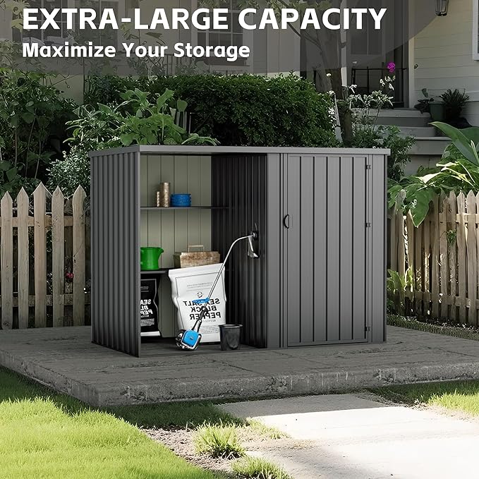 8×4 FT Metal Outdoor Storage Shed with Shelves, Lockable Waterproof Garden Tool Shed, Robust Backyard Patio Shed with Sloped Roof for Lawn Mower, Dark Gray (No Floor)