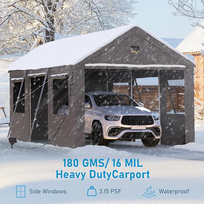 10x16 Carport, Heavy Duty Carport Canopy Garage with Removable Sidewalls and Drive Through Roll Up Zipper Doors & Side Doors, Grey