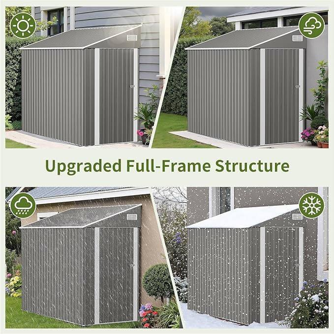 4x8 Lean to Metal Shed - Grey, Heavy-Duty Outdoor Storage for Bikes, Tools, Lawn Mowers & Firewood, Rust-Resistant Wall Side Design Sheds with Lockable Door, Waterproof Coating & Sloped Roof