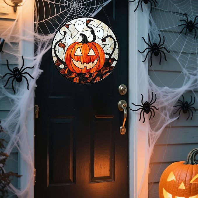 Stained Glass Window Hanging - Halloween Decorations Pumpkin Ghost Suncatcher for Doors Garden Indoor Spooky Funny Orange Sun Catchers Gothic Decor Horror Gifts for Women Men Friend 7.8 in