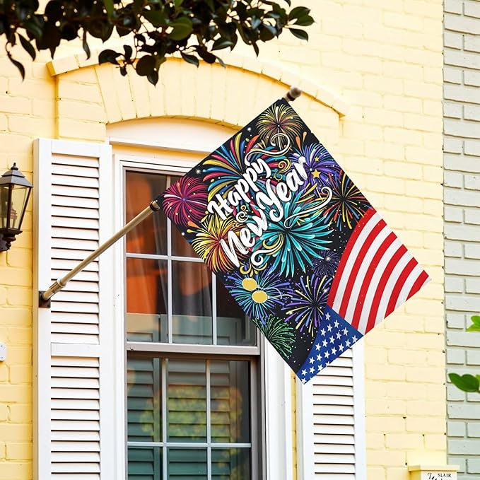 Happy New Year Garden Flag New Year Eve House Banner Double Sided American Flag Fireworks Wall Banners Balloon Holiday Celebration Party Yard Flags for Winter Festival Greetting 28 x 40 Inch
