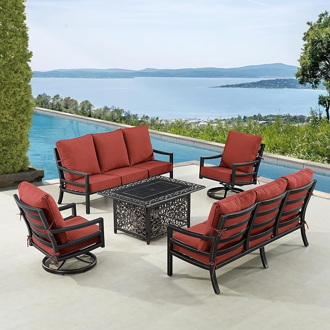 Oakland Living Black Aluminum Patio Fire Table Set with Two Deep Seating Sofa with Cushions and Two Club Chairs with Red Cushions