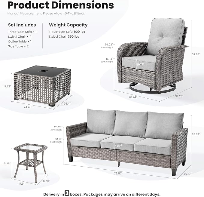 ovios 8 Pieces Patio Furniture Set, Outdoor Wicker Sofa Couch with Rocking Swivel Chairs Solar Lights Table, Modern Deep Seat Rattan Conversation Sets for Porch Deck, Dark Grey
