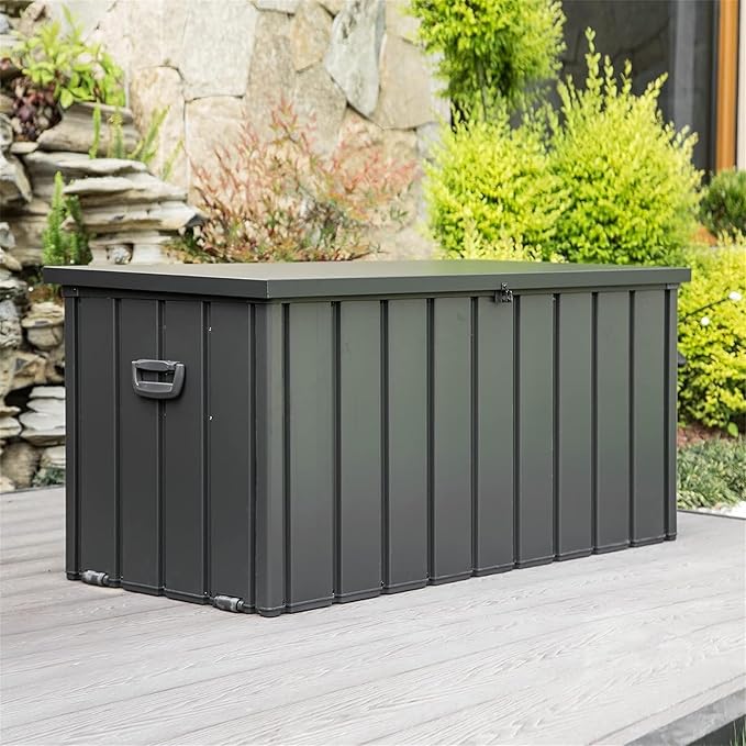 CHUNLY 100 Gallon Metal Waterproof Storage Deck Box with Lockable Lids Indoor Outdoor Storage Bench Patio Storage Bin for Outside Cushions, Throw Pillows, Garden Tools (Dark Gray)