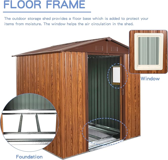 6x6 FT Outdoor Storage Shed, Metal Garden Shed with Frame Floor, Outside Tool Shed with Window, Waterproof Storage Building with Lockable Sliding Doors & Sloped Roof for Backyard, Patio, Coffee