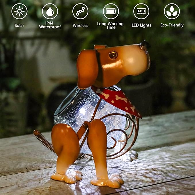 MUMTOP Solar Lanterns Outdoor Waterproof LED Crackle Glass Globe Solar Lights Decorative Dog Tabletop Lantern Metal Yard Art for Patio Garden Table Decor