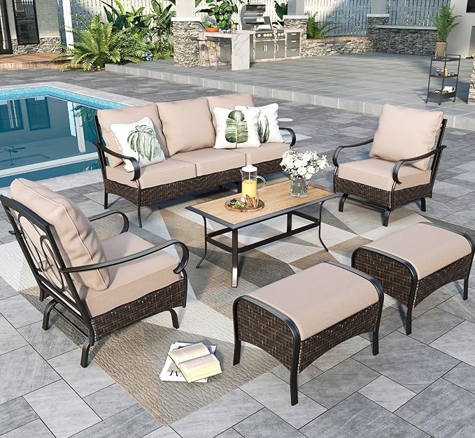 Sophia & William Metal Patio Furniture Set, 7 Seats Outdoor Conversation Set with 3-Seater Sofa, 2 Motion Chairs, 2 Ottoman, 1 Coffee Table for Seating Lawn Porch Backyard,Beige