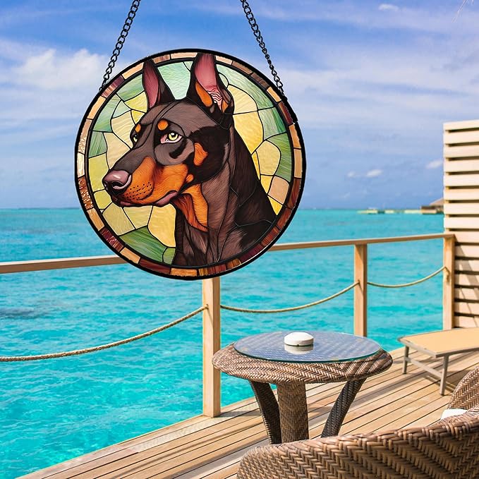 Stained Glass Window Hanging - Funny Dark Brown Doberman Pinscher Suncatcher for Door Terrace Garden Home Decor, Pet Dog Sun Catcher Birthday Gifts for Lovers Women Men Dad Mom Nana 11.8 in